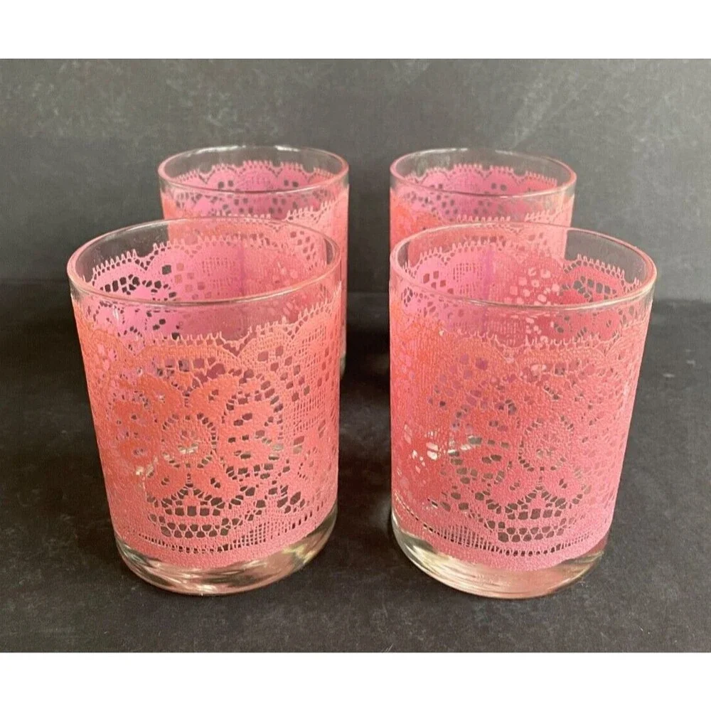 Set of 6 MCM Barware Highball Glasses Pink Lace TasteSetter Vintage Retro RARE